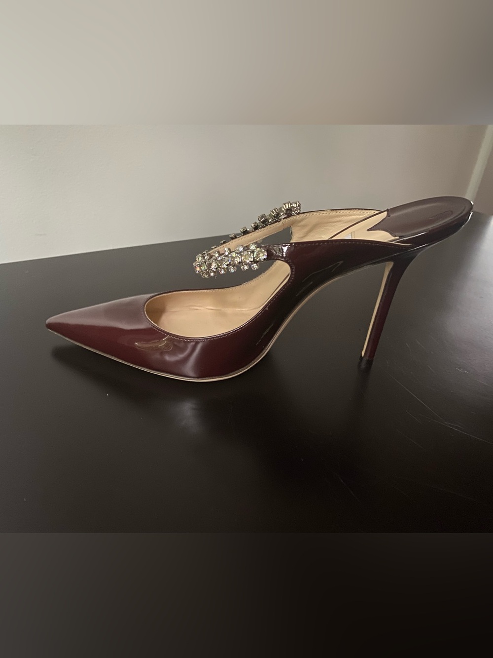 Jimmy Choo Bordeaux (Burgundy) Patent Crystal-Embellished Bing Heels - Picture 6 of 10